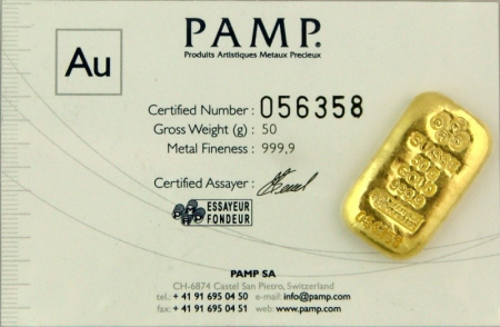 Pamp Suisse Barra 50 gramos Oro Puro .9999 con Certificado.