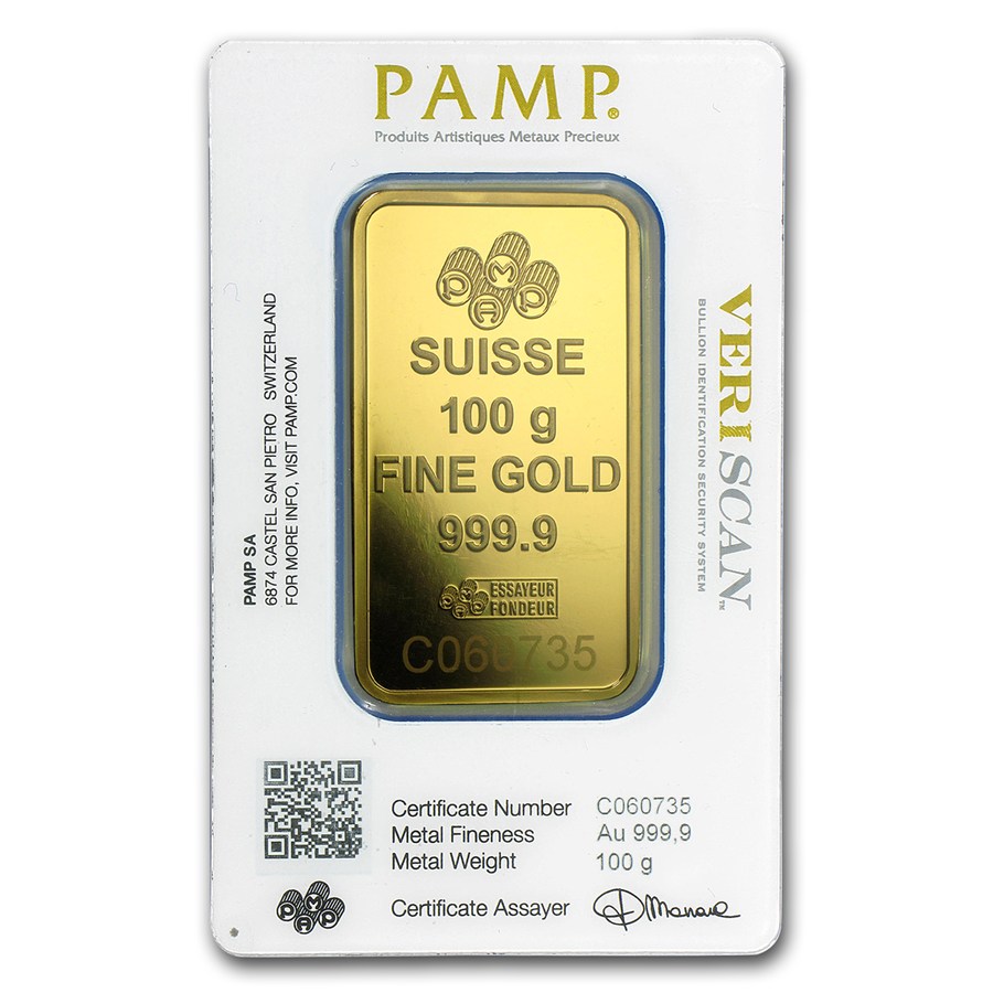 Suisse 100 gramos Oro Puro .9999 con Certificado. Numismática Monterrey